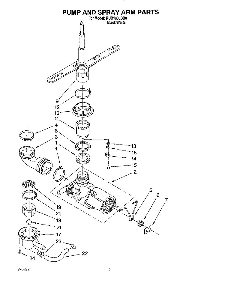 PUMP AND SPRAY ARM Diagram and Parts List for RUD1000DB0  Roper Dishwasher