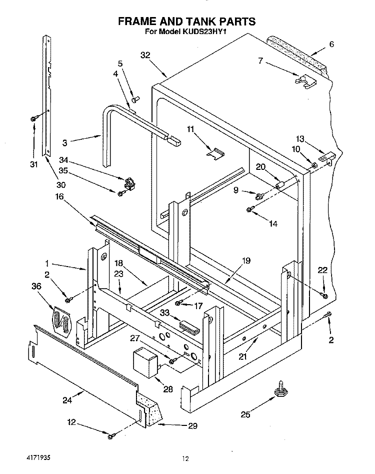 FRAME AND TANK Diagram and Parts List for KUDS23HY1  KitchenAid Dishwasher