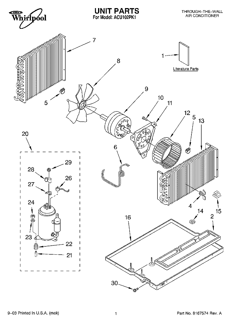UNIT PARTS Diagram and Parts List for ACU102PK1  Whirlpool Air Conditioner