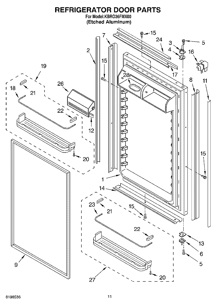 REFRIGERATOR DOOR PARTS Diagram and Parts List for KBRO36FMX00  KitchenAid Refrigerator