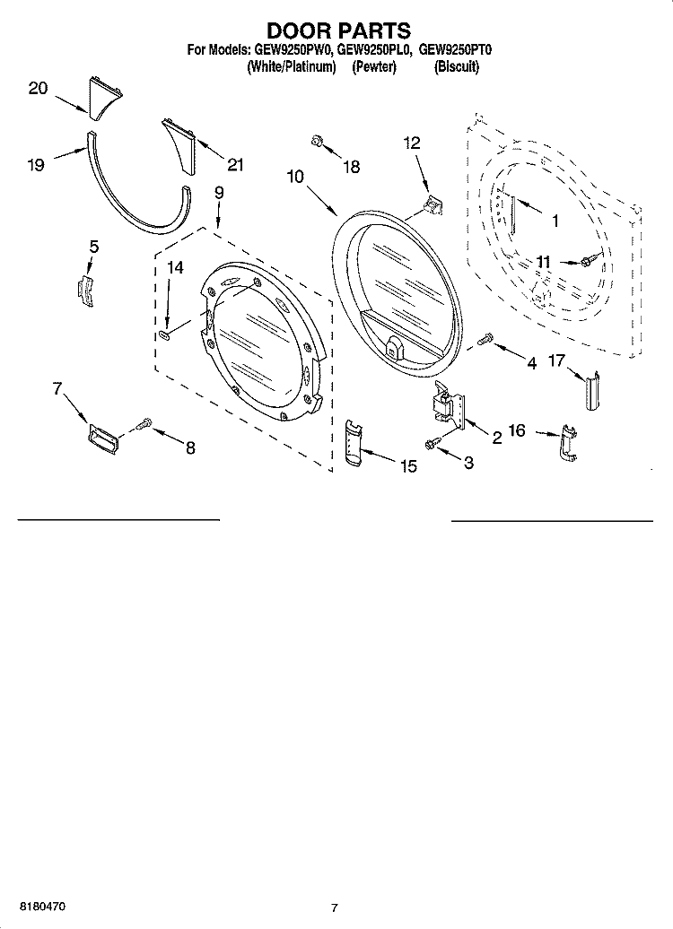 DOOR PARTS Diagram and Parts List for GEW9250PT0  Whirlpool Dryer