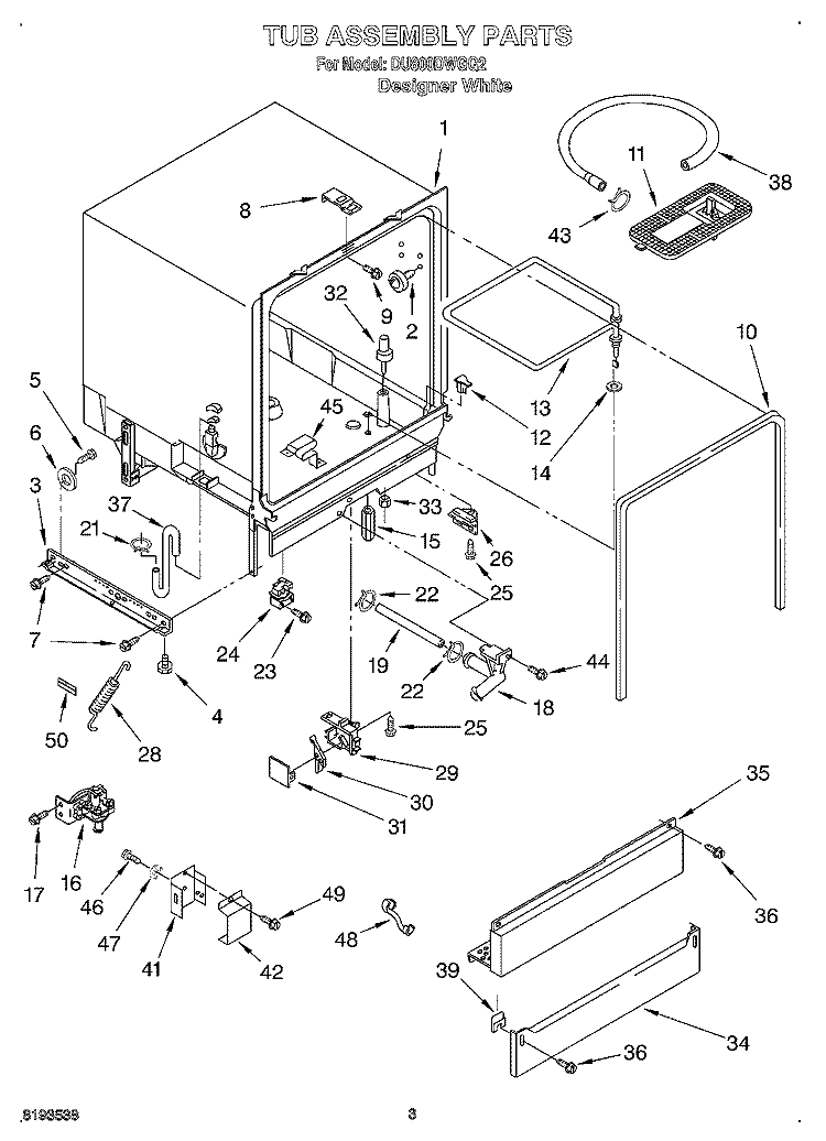 TUB ASSEMBLY Diagram and Parts List for DU800DWGQ2  Whirlpool Dishwasher