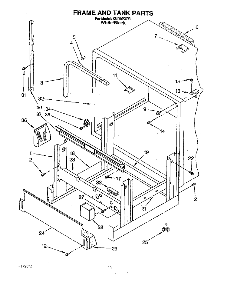 FRAME AND TANK Diagram and Parts List for KUDA23ZY1  KitchenAid Dishwasher