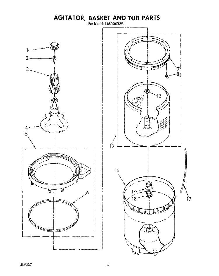 AGITATOR, BASKET AND TUB Diagram and Parts List for LA5900XSW1  Whirlpool Washer