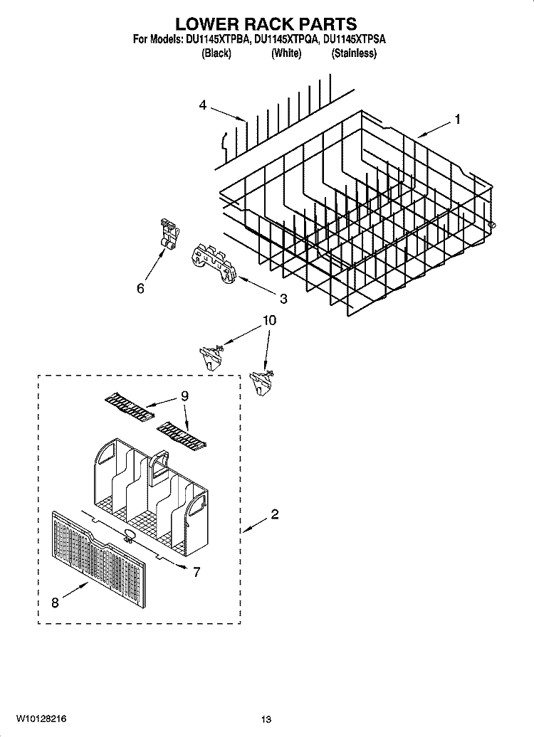LOWER RACK PARTS, OPTIONAL PARTS (NOT INCLUDED) Diagram and Parts List for DU1145XTPBA  Whirlpool Dishwasher