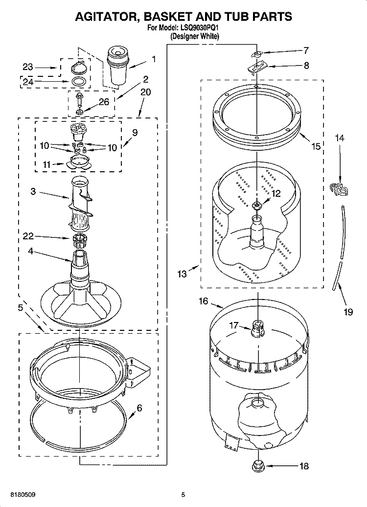 AGITATOR, BASKET AND TUB PARTS Diagram and Parts List for LSQ9030PQ1  Whirlpool Washer