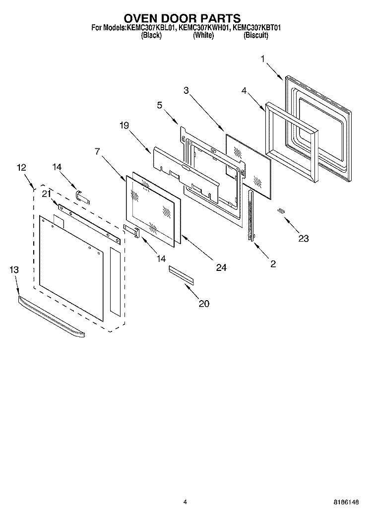 OVEN DOOR PARTS Diagram and Parts List for KEMC307KBL01  KitchenAid Microwave Oven Combo