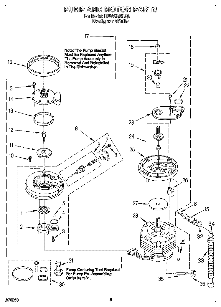PUMP AND MOTOR Diagram and Parts List for DU925QWDQ0  Whirlpool Dishwasher