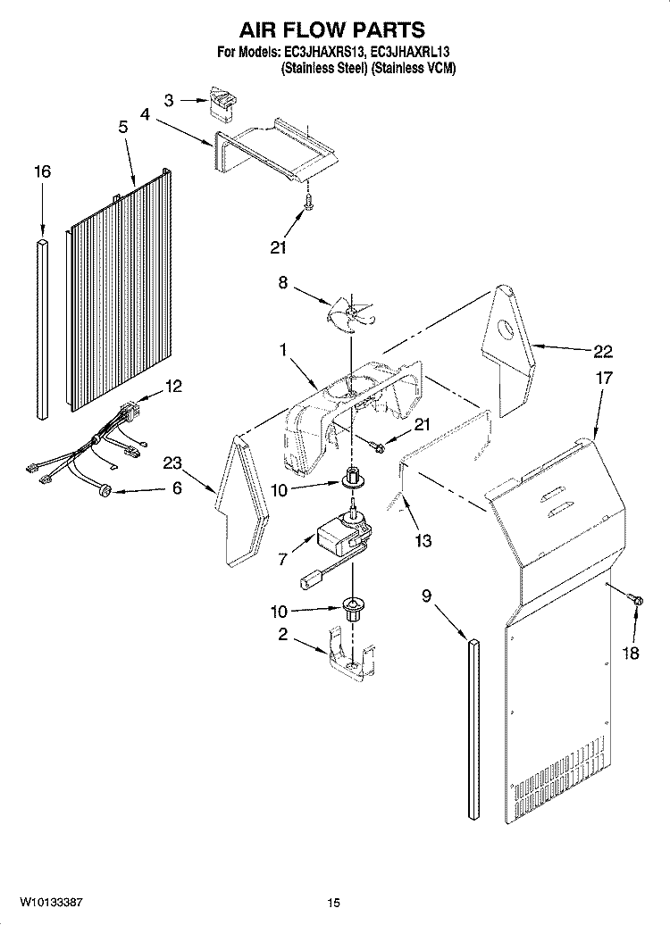 AIR FLOW PARTS Diagram and Parts List for EC3JHAXRL13  Whirlpool Refrigerator