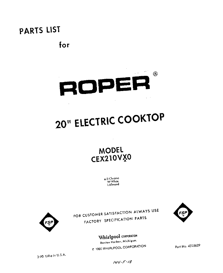 SECTION Diagram and Parts List for CEX210VX0  Roper Range