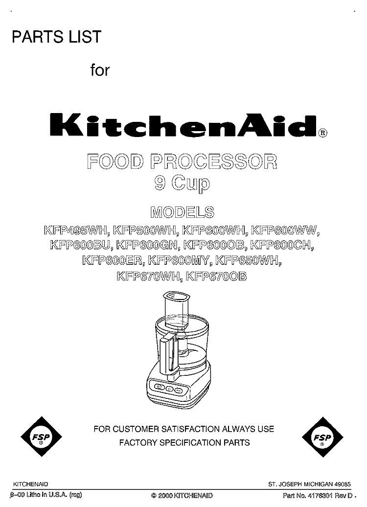 SECTION Diagram and Parts List for KFP500WH  KitchenAid Food Processor