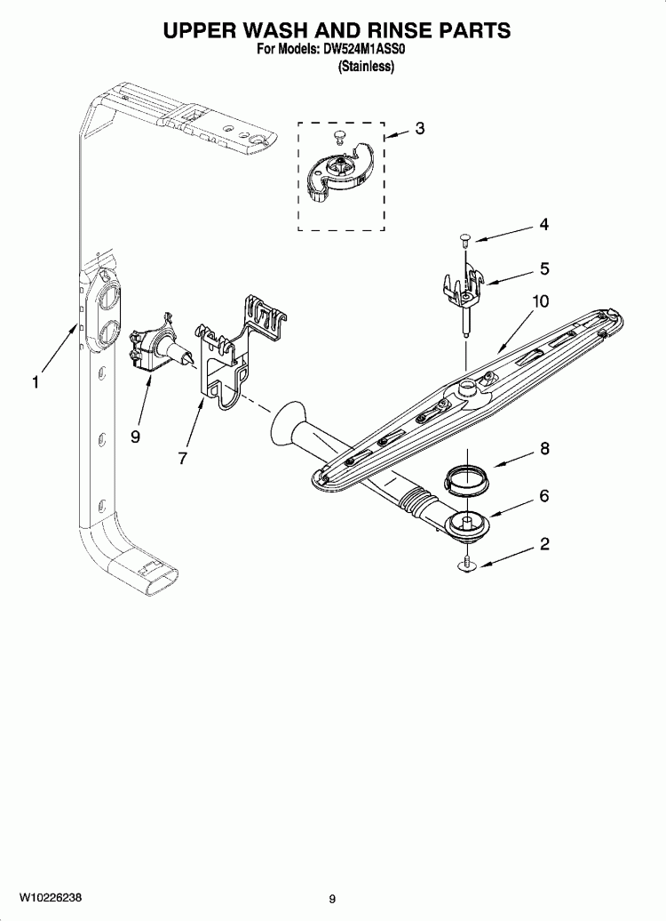 UPPER WASH AND RINSE PARTS Diagram and Parts List for DW524M1ASS0  Whirlpool Dishwasher