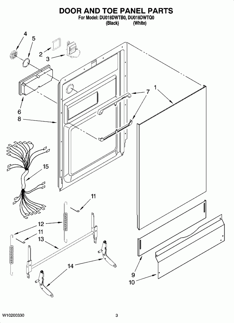DOOR AND TOE PANEL PARTS Diagram and Parts List for DU018DWTB0  Whirlpool Dishwasher