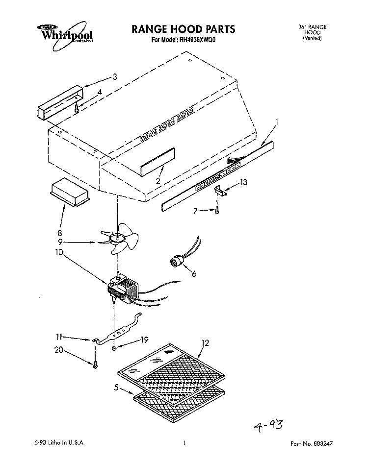 SECTION Diagram and Parts List for RH4936XWQ0  Whirlpool Range Hood