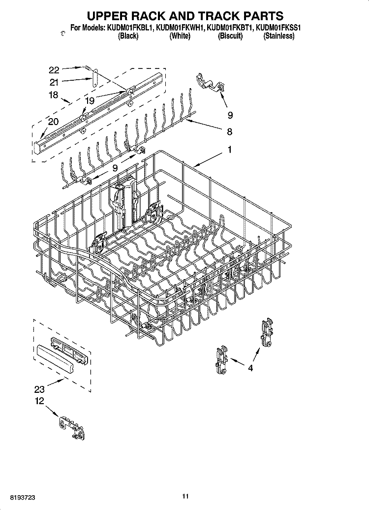 UPPER RACK AND TRACK PARTS Diagram and Parts List for KUDM01FKWH1  KitchenAid Dishwasher