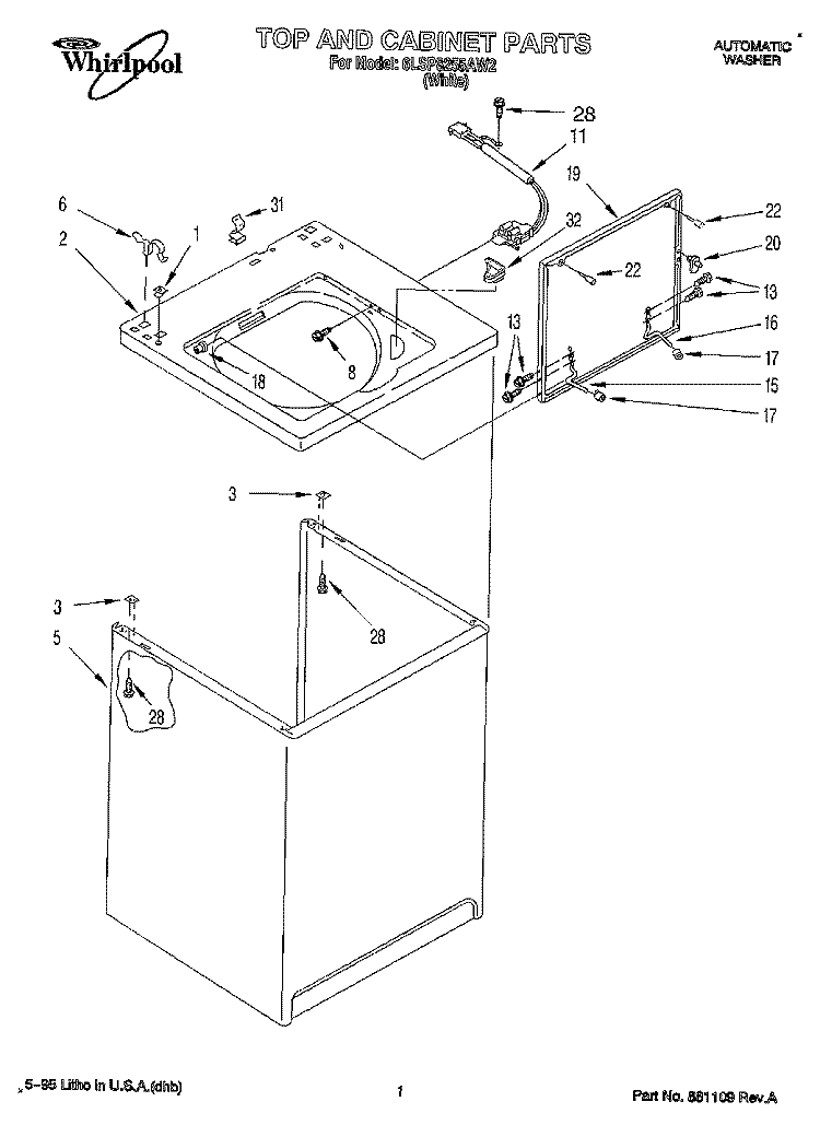 TOP AND CABINET, LIT/OPTIONAL Diagram and Parts List for 6LSP8255AW2  Whirlpool Washer
