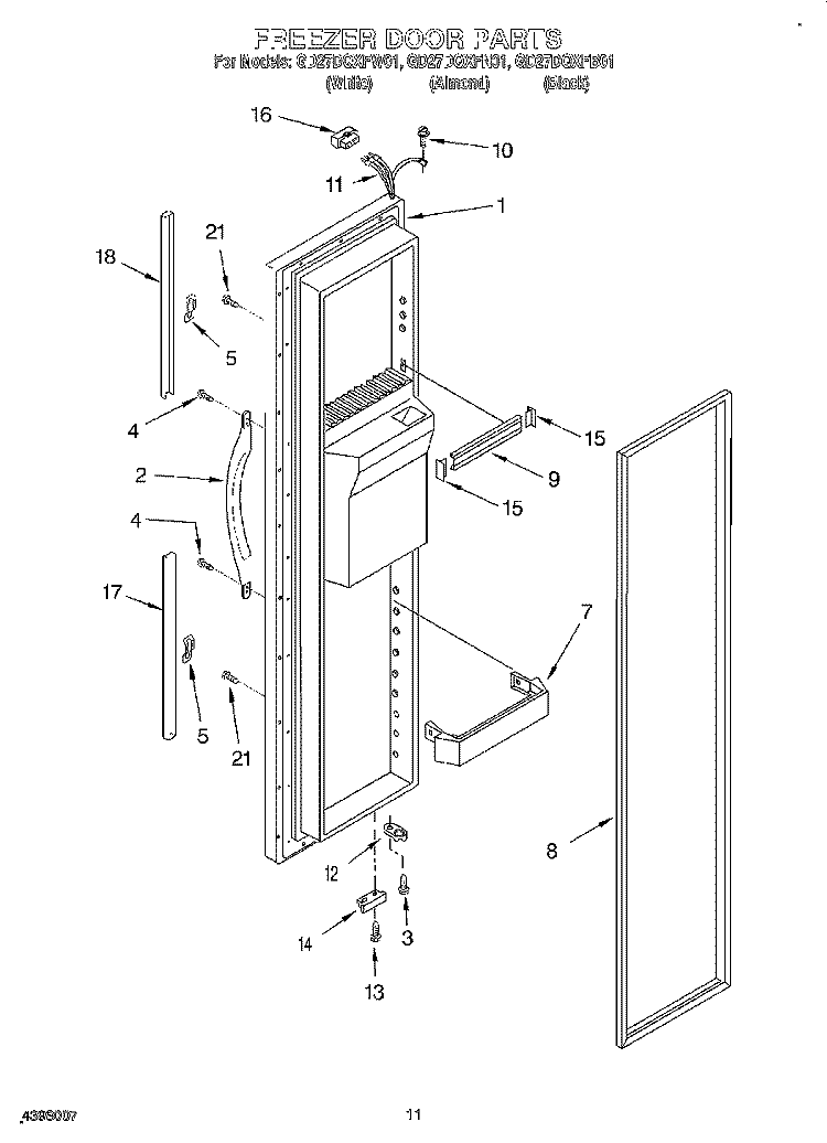 FREEZER DOOR Diagram and Parts List for GD27DQXFW01  Whirlpool Refrigerator