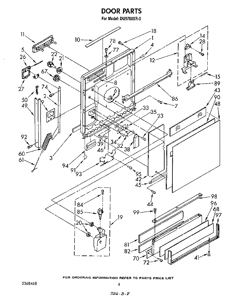 DOOR Diagram and Parts List for DU9700XR5  Whirlpool Dishwasher