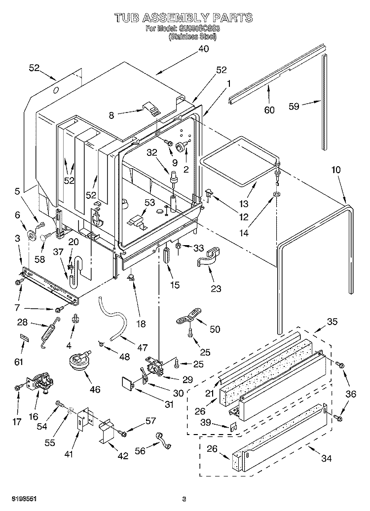 TUB ASSEMBLY Diagram and Parts List for GU980SCGS3  Whirlpool Dishwasher