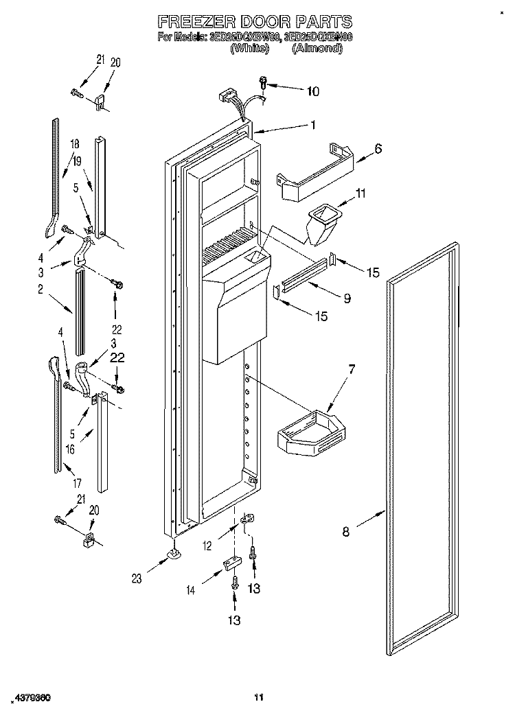 FREEZER DOOR Diagram and Parts List for 3ED25DQXBN00  Whirlpool Refrigerator