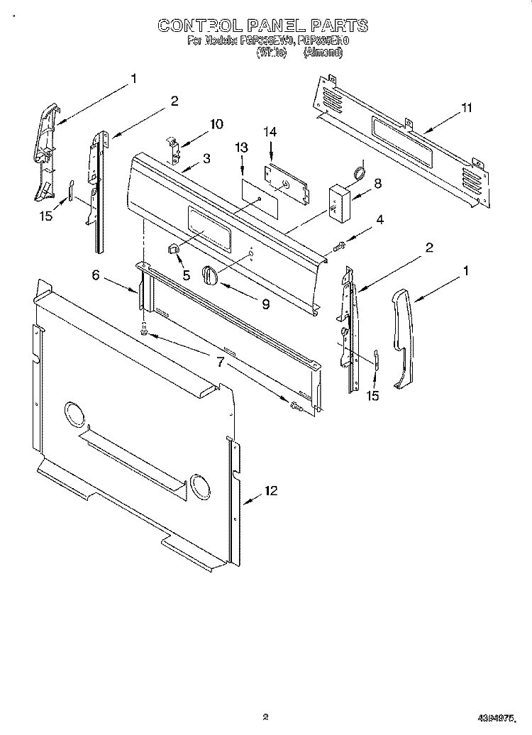 CONTROL PANEL Diagram and Parts List for FGP335EW0  Roper Range