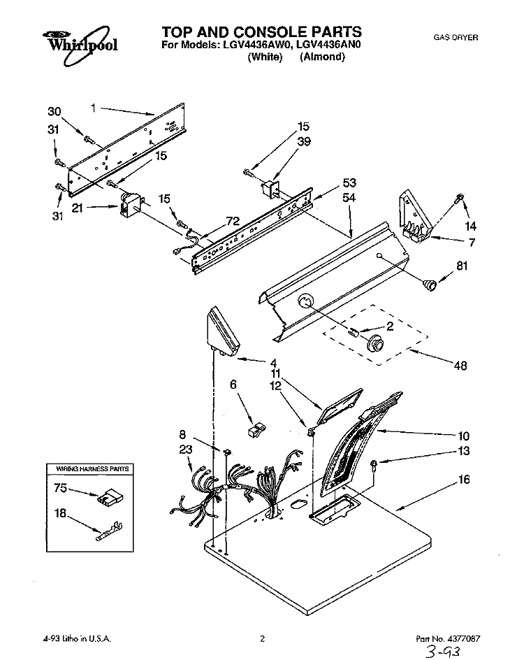 TOP AND CONSOLE, LIT/OPTIONAL Diagram and Parts List for LGV4436AN0  Whirlpool Dryer