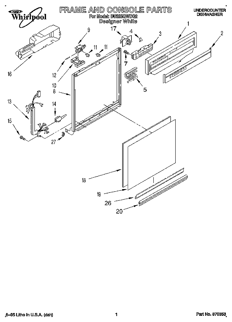 FRAME AND CONSOLE Diagram and Parts List for DU925QWDQ2  Whirlpool Dishwasher