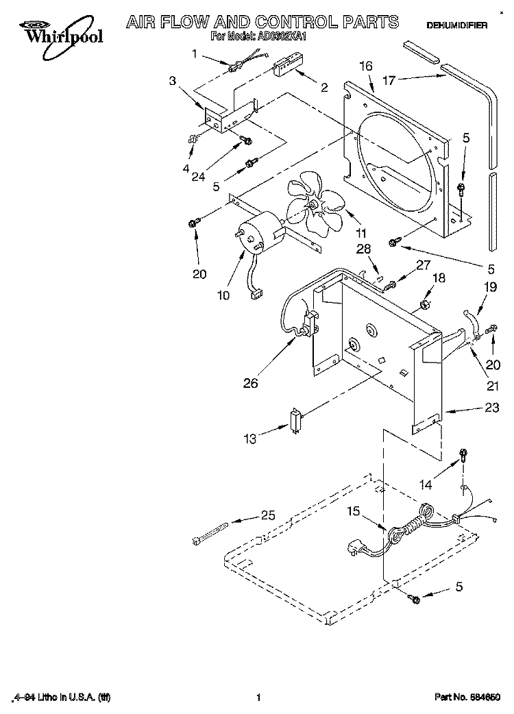 SECTION Diagram and Parts List for AD0302XA1  Whirlpool Dehumidifier