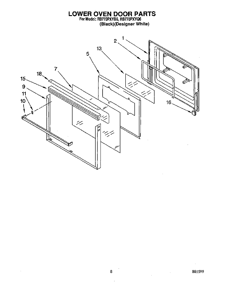 LOWER OVEN DOOR Diagram and Parts List for RB770PXYQ6  Whirlpool Wall Oven