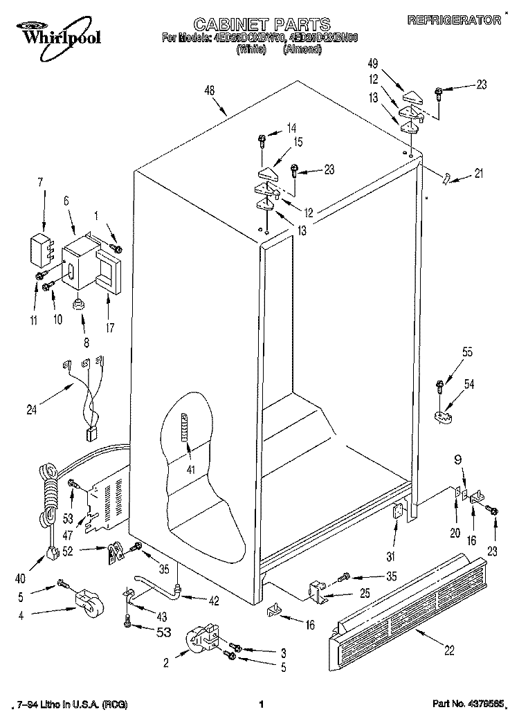 CABINET Diagram and Parts List for 4ED25DQXBW00  Whirlpool Refrigerator