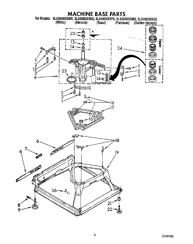 MACHINE BASE Diagram and Parts List for 3LA5800XSW0  Whirlpool Washer