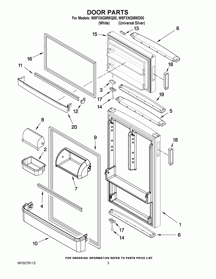 DOOR PARTS Diagram and Parts List for W8FXNGMWD00  Whirlpool Refrigerator