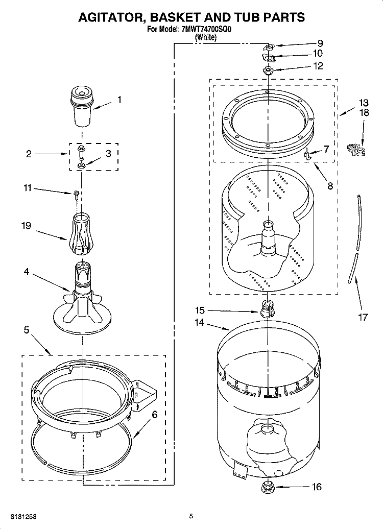 AGITATOR, BASKET AND TUB PARTS Diagram and Parts List for 7MWT74700SQ0  Whirlpool Washer