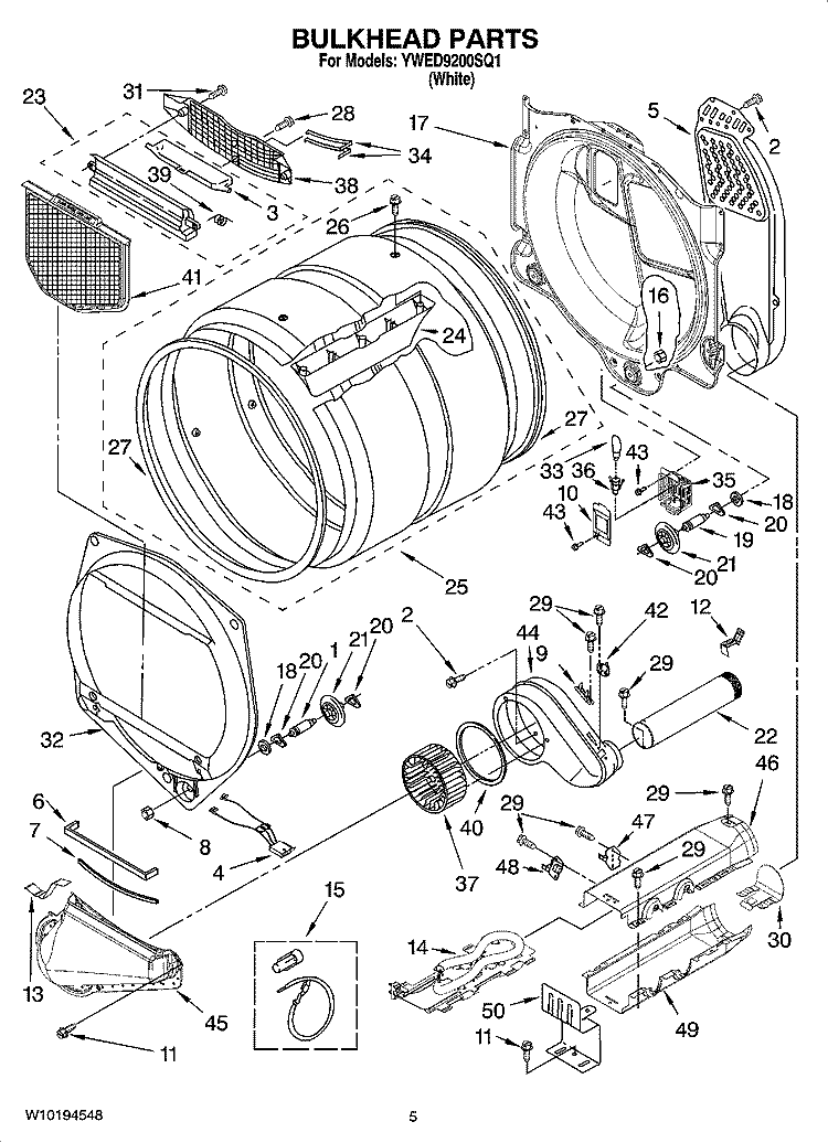 BULKHEAD PARTS Diagram and Parts List for YWED9200SQ1  Whirlpool Dryer