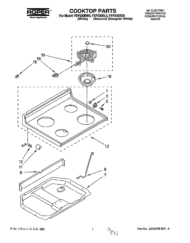 COOKTOP Diagram and Parts List for FEP330BL0  Roper Range