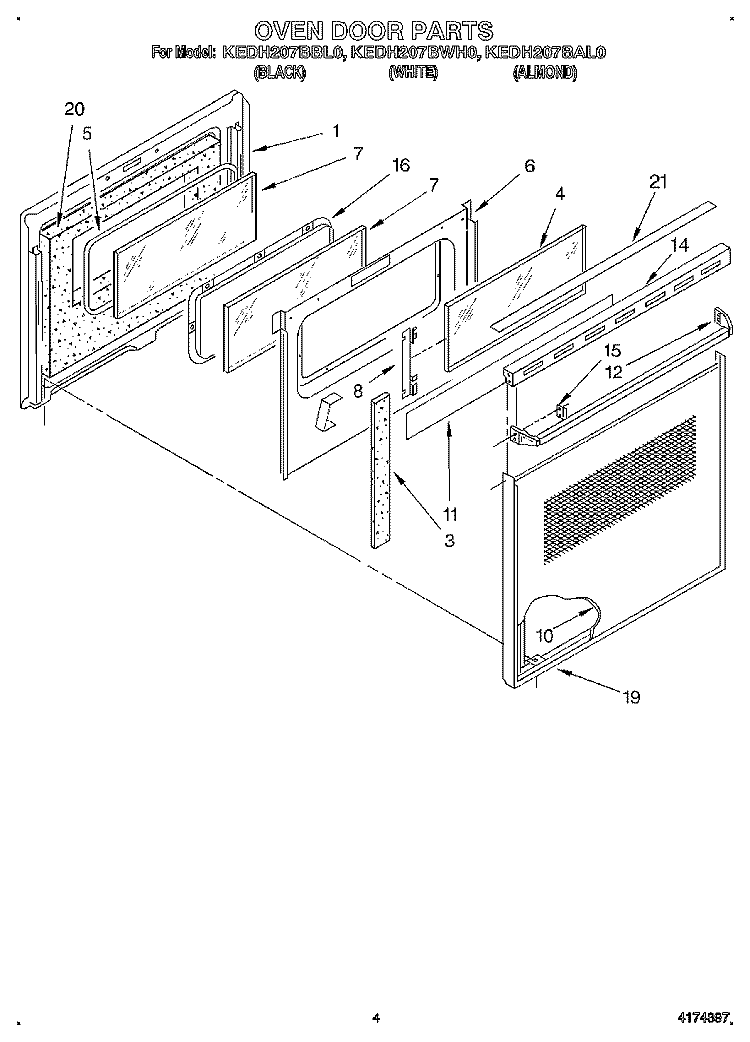 OVEN DOOR, LITERATURE Diagram and Parts List for KEDH207BAL0  KitchenAid Range