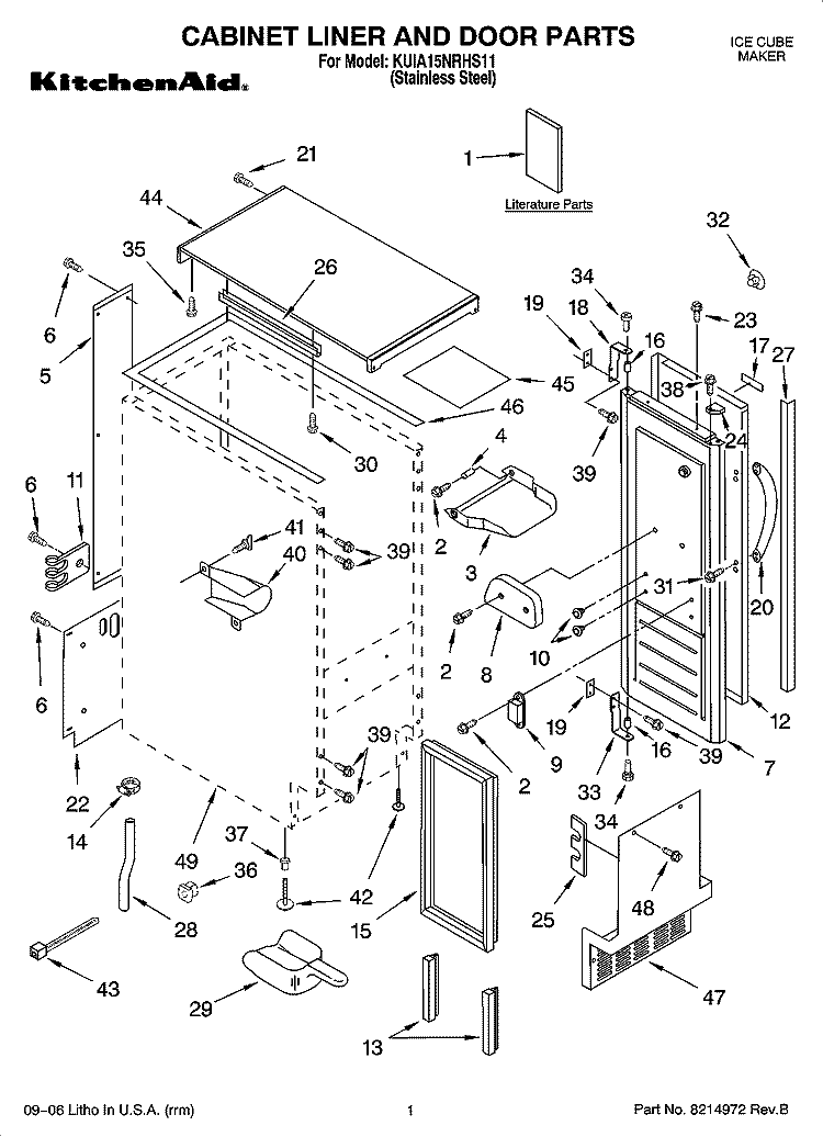 CABINET LINER AND DOOR PARTS Diagram and Parts List for KUIA15NRHS11  KitchenAid Ice Maker