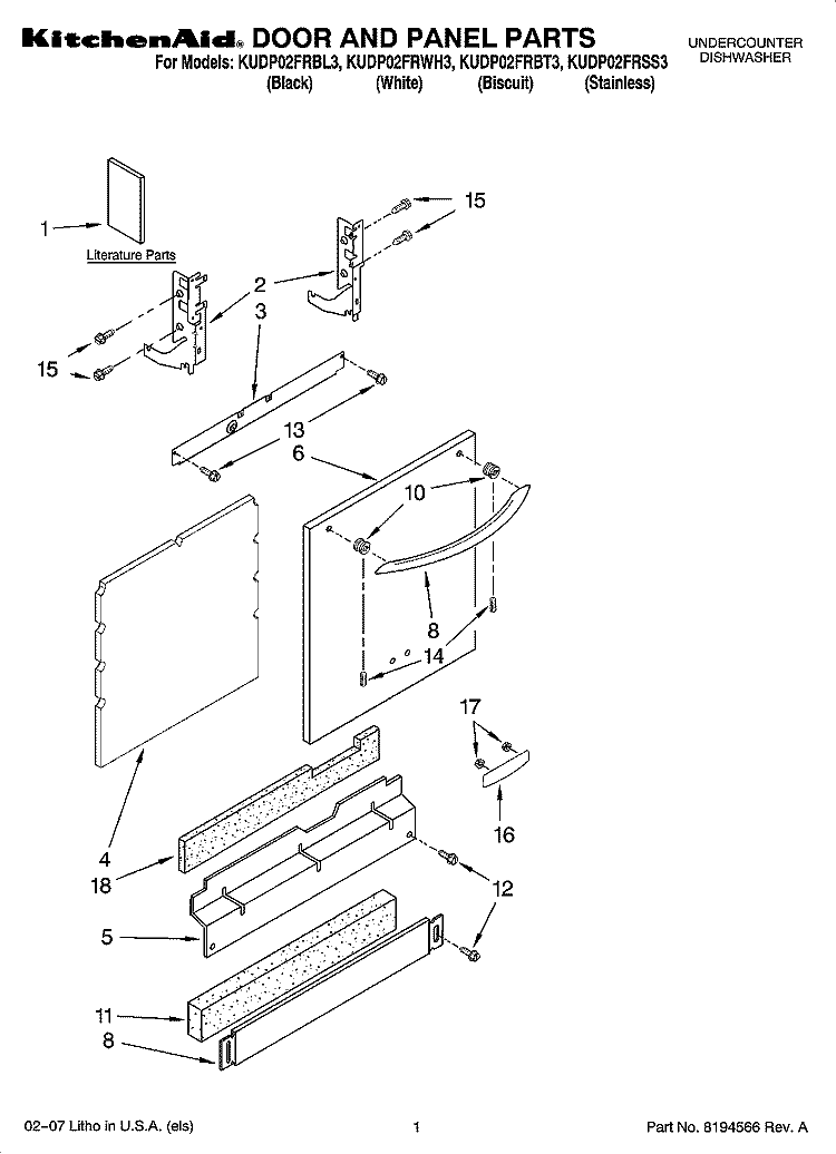 DOOR AND PANEL PARTS Diagram and Parts List for KUDP02FRBL3  KitchenAid Dishwasher