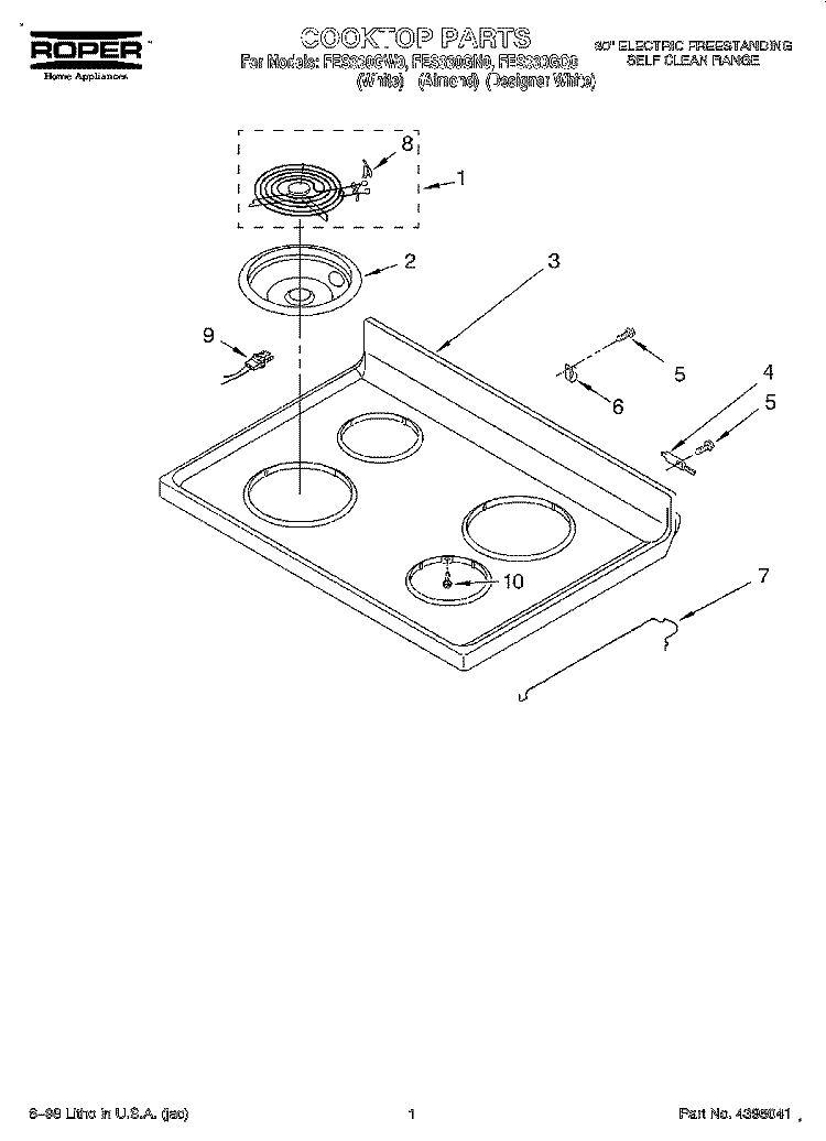 COOKTOP Diagram and Parts List for FES330GQ0  Roper Range