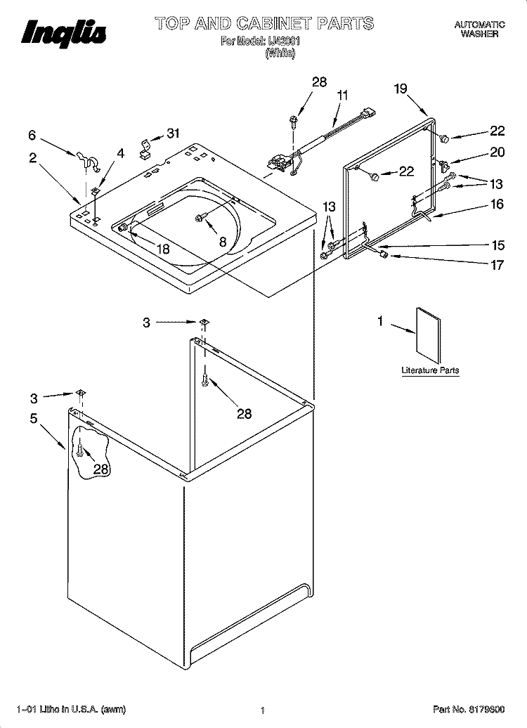 TOP AND CABINET PARTS Diagram and Parts List for IJ42001  Inglis Washer