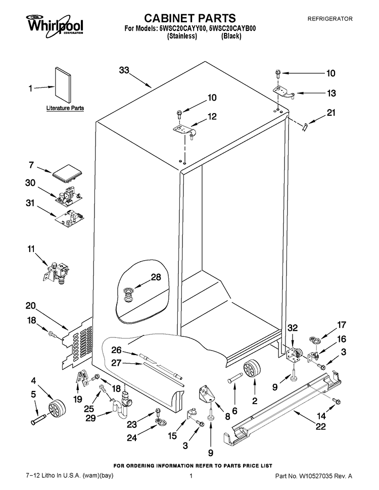 CABINET PARTS Diagram and Parts List for 5WSC20CAYY00  Whirlpool Refrigerator