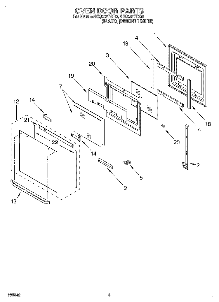 OVEN DOOR Diagram and Parts List for GBS307PDQ0  Whirlpool Wall Oven