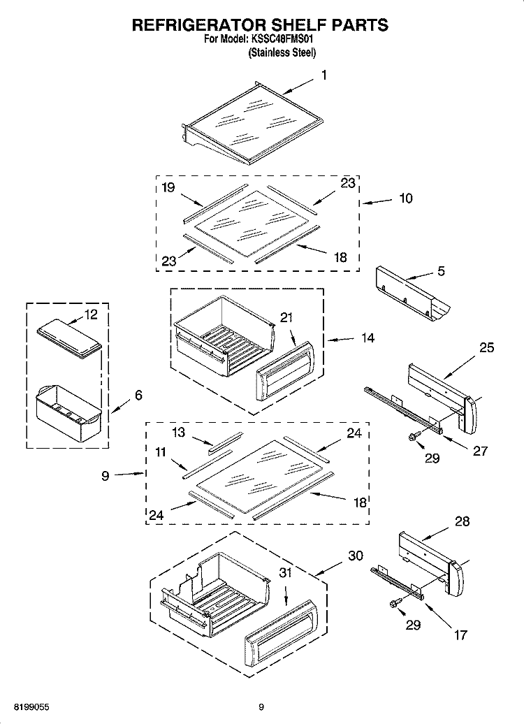 REFRIGERATOR SHELF PARTS Diagram and Parts List for KSSC48FMS01  KitchenAid Refrigerator