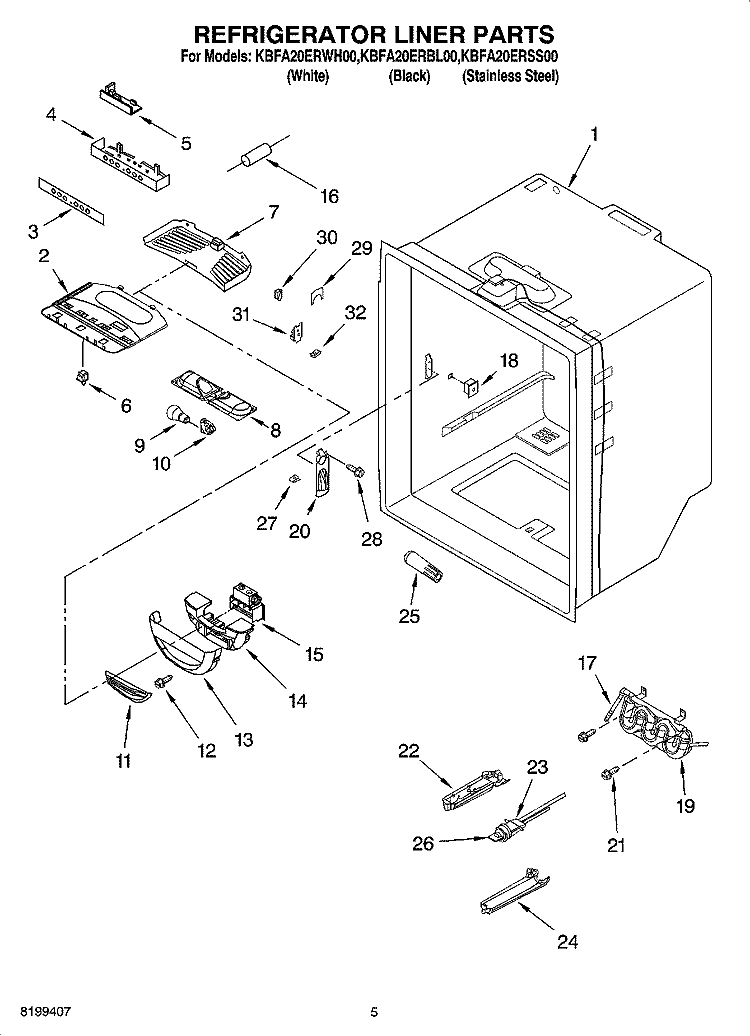 REFRIGERATOR LINER PARTS Diagram and Parts List for KBFA20ERWH00  KitchenAid Refrigerator
