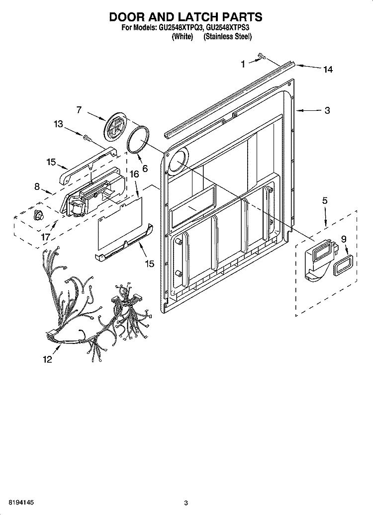 DOOR AND LATCH PARTS Diagram and Parts List for GU2548XTPS3  Whirlpool Dishwasher