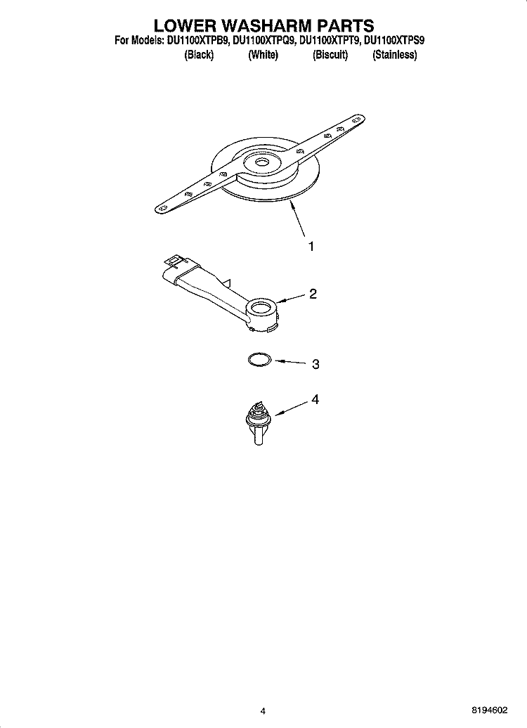 LOWER WASHARM PARTS Diagram and Parts List for DU1100XTPQ9  Whirlpool Dishwasher