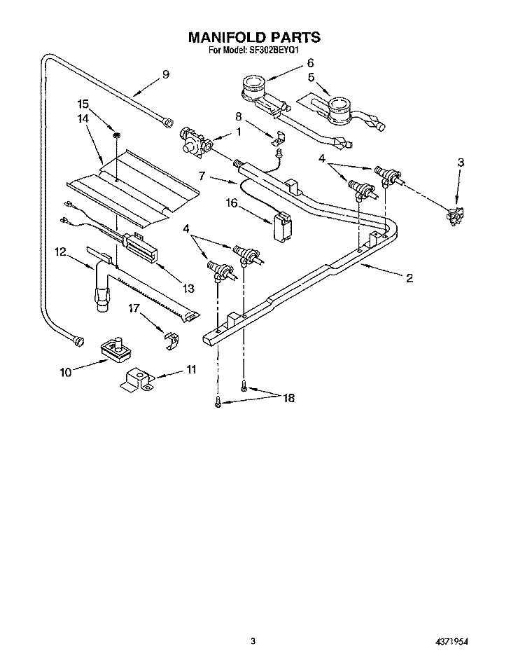 MANIFOLD Diagram and Parts List for SF302BEYQ1  Whirlpool Range
