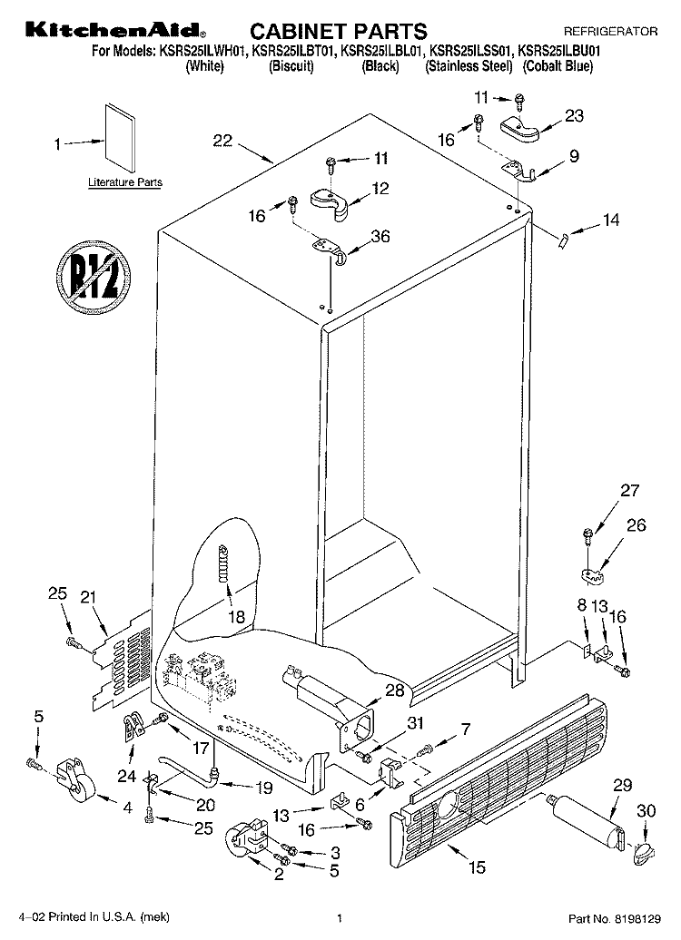 CABINET, LITERATURE Diagram and Parts List for KSRU25ILBT01  KitchenAid Refrigerator