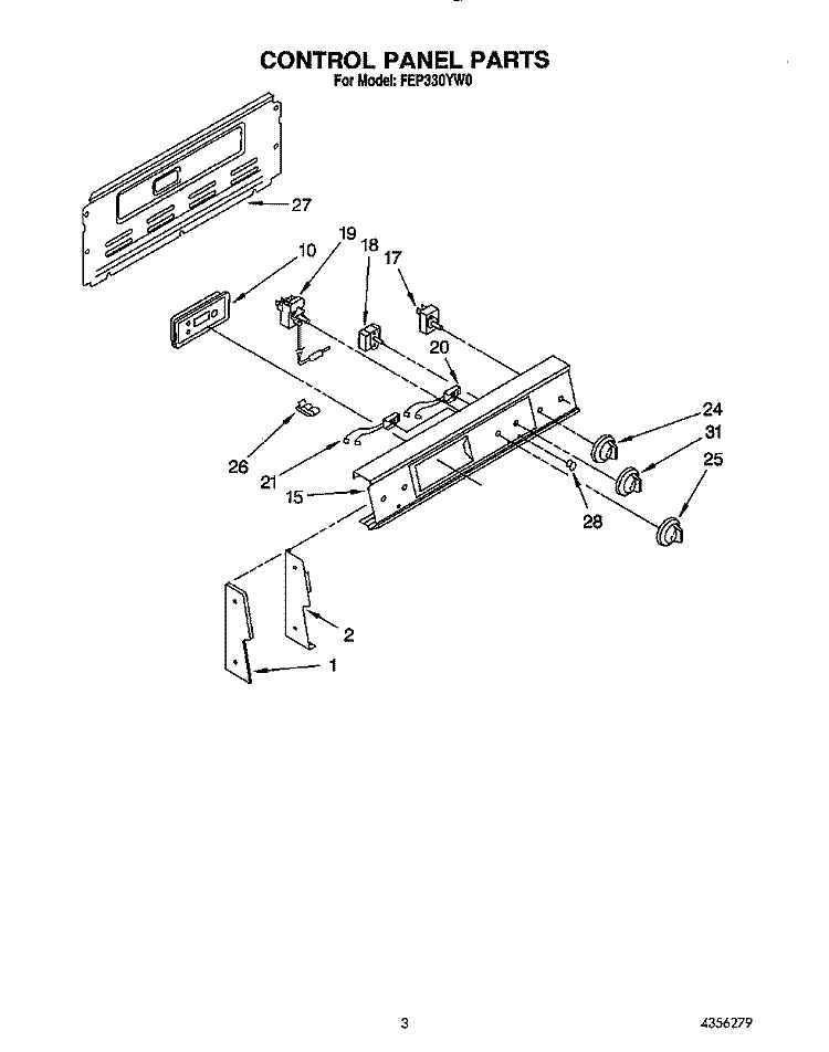 CONTROL PANEL Diagram and Parts List for FEP330YW0  Roper Range