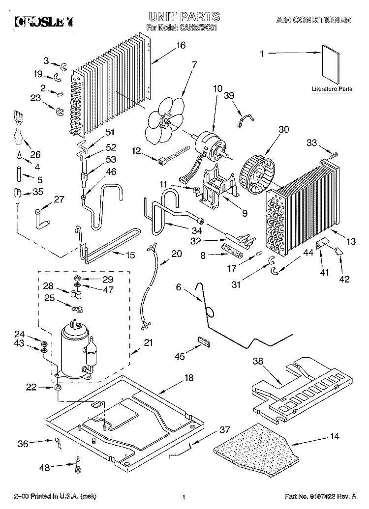UNIT, LITERATURE Diagram and Parts List for CAH25WC01  Whirlpool Air Conditioner